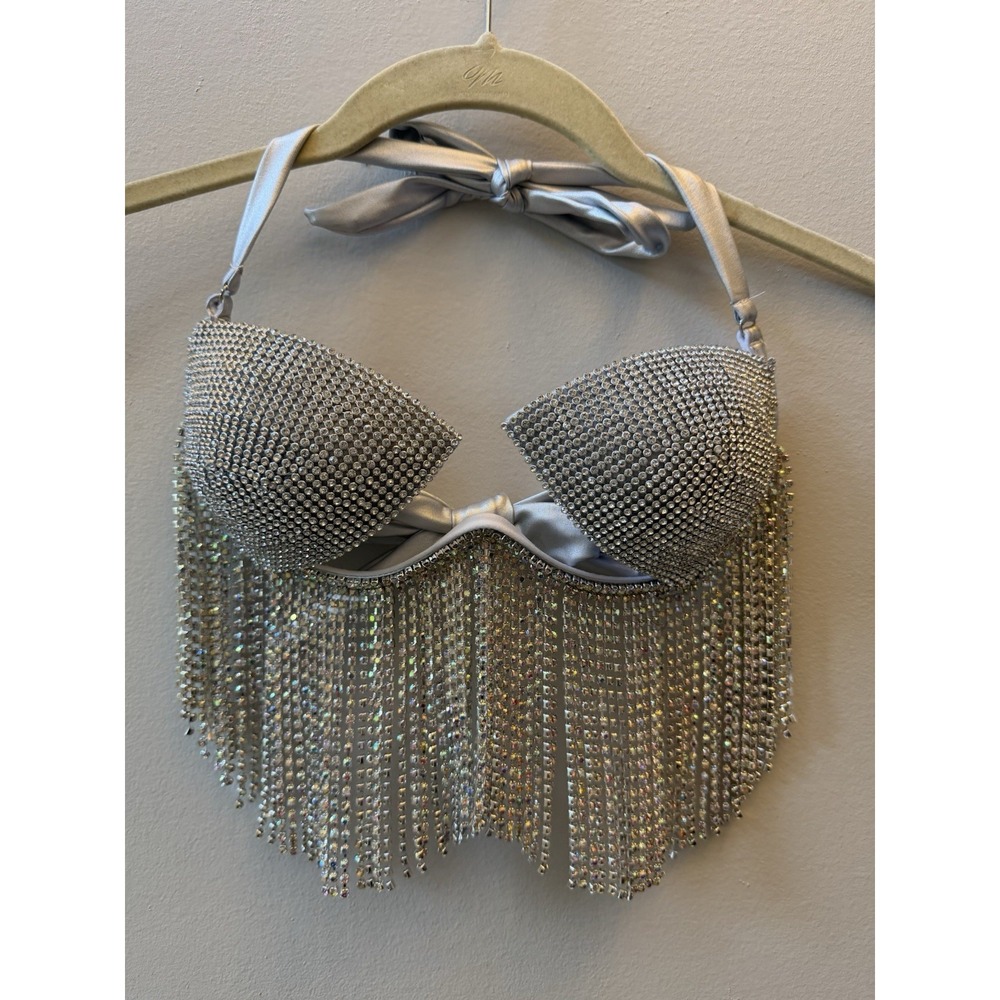 The Cande Shop Rhinestone Bra Top Set Silver Flare Pants Vegas Party Spicy Sexy